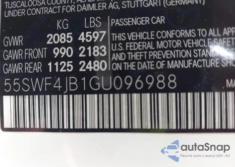 2016 Mercedes-Benz C 300 Luxury/Sport z USA, uszkodzony, nr VIN 55SWF4JB1GU096988